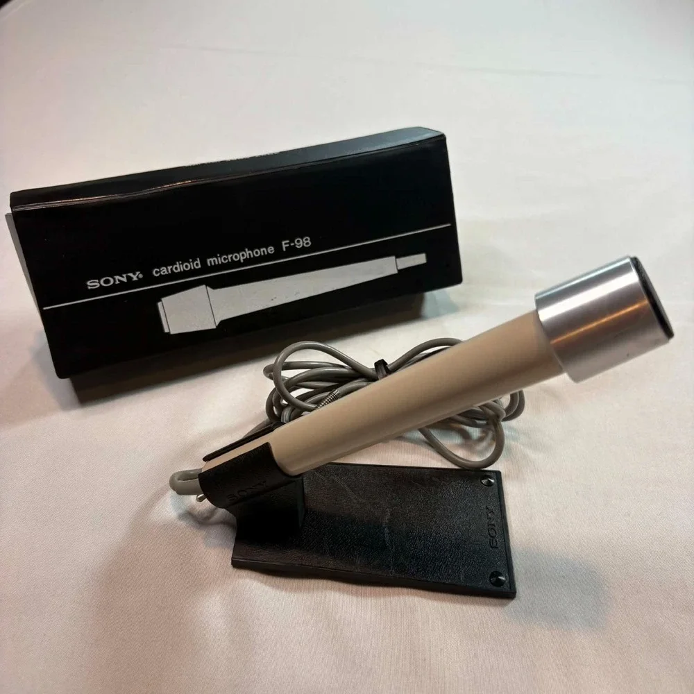 Vintage Sony F-98 Cardioid Dynamic Microphone Wired Japan Case & Stand Included